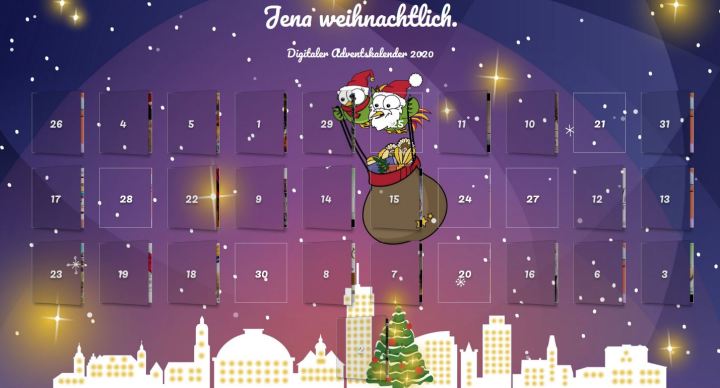 Die JenaKultur-Paradiesvögel Adam & Eva im Weihnachtsmann-Kostüm verteilen Geschenke vor der Silhouette von Jena