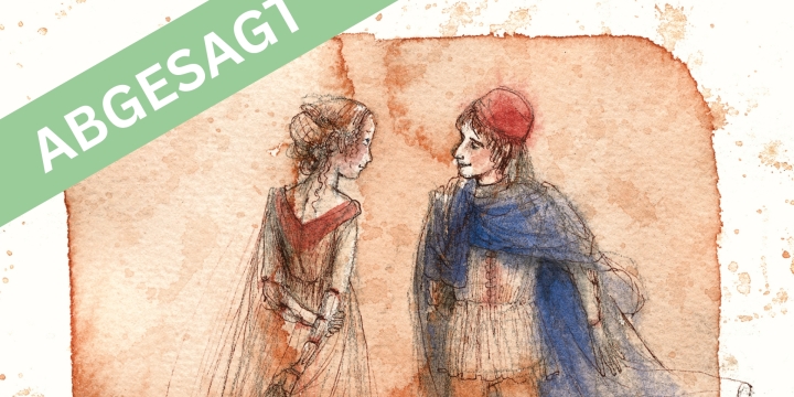 Zu sehen ist eine Aquarellzeichnung von Christa Unzner. Sie zeigt zwei junge Personen - einen jungen Mann und eine junge Frau, die sich interessiert gegenüberstehen und betrachten. 
