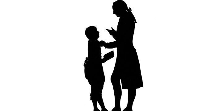 Auf dem Bild ist ein Schattenrisss von Johann Wolfgang Goethe und Fritz von Stein als Kind zu sehen. Goethe steht dem kleinen Jungen mit erhobenem Zeigefinger gegenüber. Fritz von Stein hält ein Buch in der Hand. 