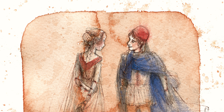 Zu sehen ist eine Aquarellzeichnung von Christa Unzner. Sie zeigt zwei junge Personen - einen jungen Mann und eine junge Frau, die sich interessiert gegenüberstehen und betrachten. 