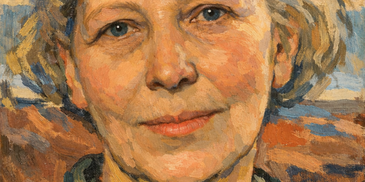 Auf dem Bild ist die Autorin Helene Voigt-Diederichs zu sehen. Es handelt sich um ein bearbeitetes schwarz-weiß-Foto, dass mit Hilfe von KI in ein Gemälde verwandelt wurde. 