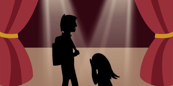 Die Grafik zeigt eine Schattentheaterbühne, auf der zwei Figuren - ein junger Mann und eine junge Frau zu sehen sind. 