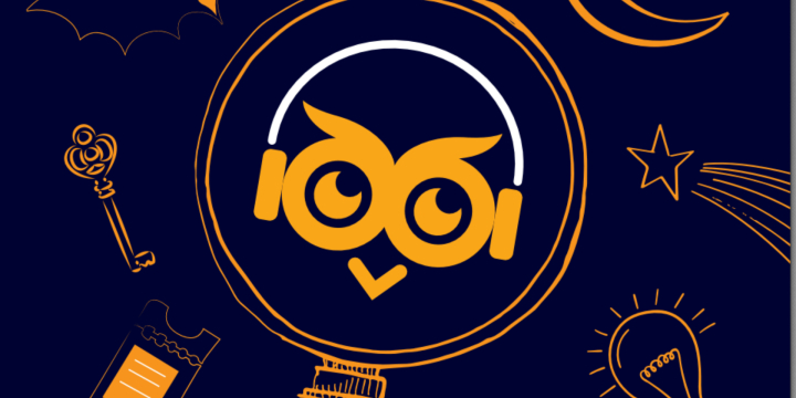 Zu sehen ist das Logo der Langen Nacht der Museen für die Impulsregion. Es handelt sich um ein gelb darghestelltes Eulengesicht mit Kopfhörern auf dunkelblauem Grund. 